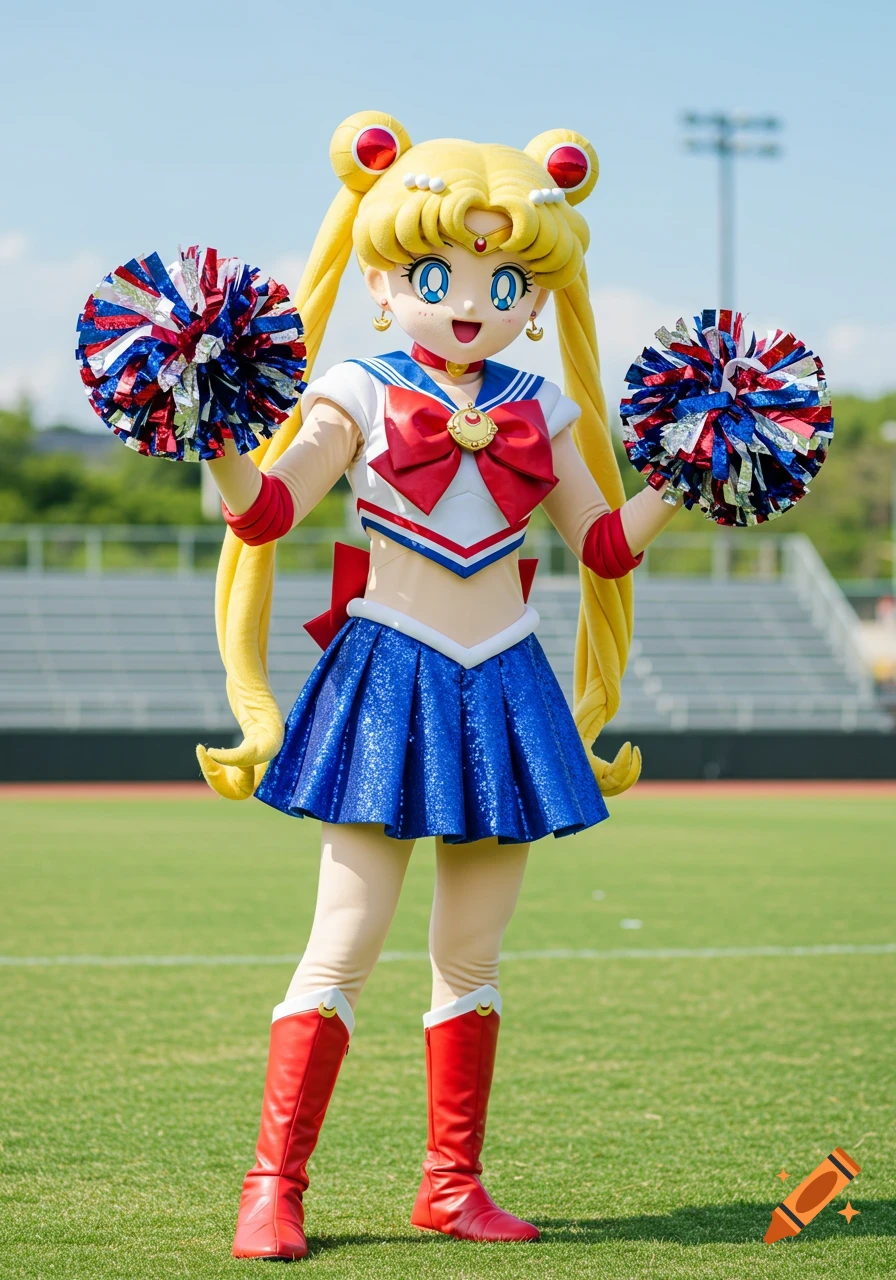 A mascot version of Sailor Moon in a blue and red cheerleading outfit holds red, white, and blue pom-poms on a green sports field.
