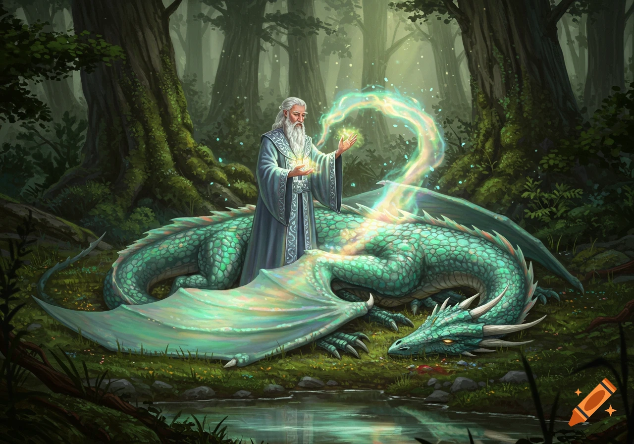 A wizard with a long beard heals a green dragon with glowing magic in a lush, dark forest by a stream.