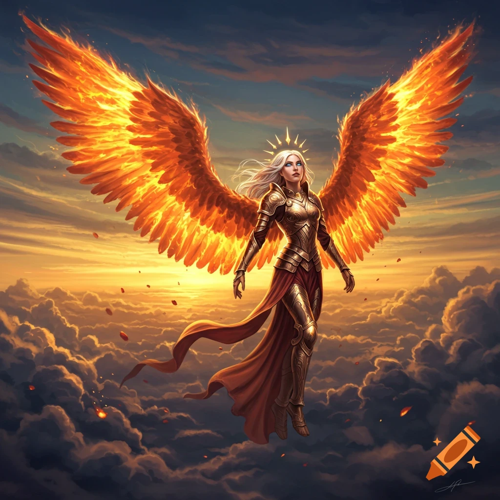 An armored angel with bright flaming wings floats majestically in a cloud-filled sky under a sunset.
