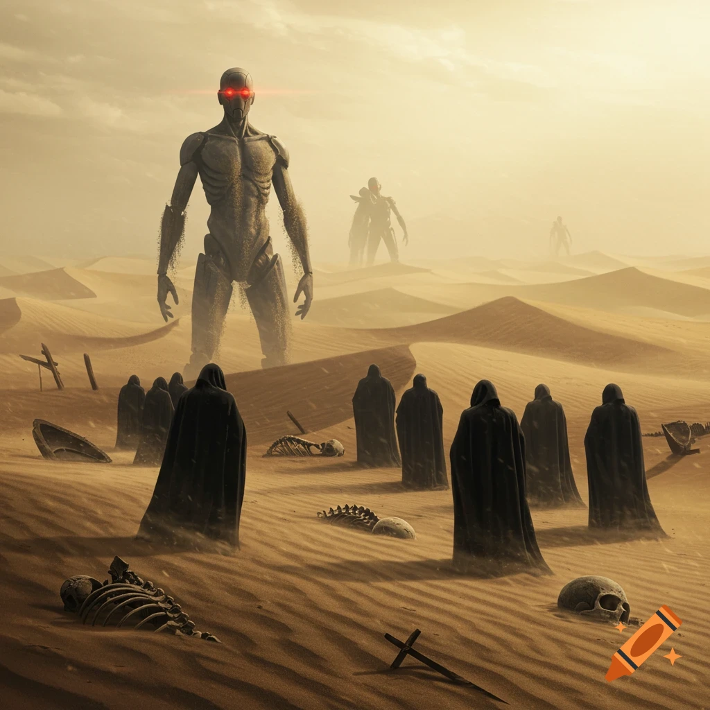 A desolate desert scene with a giant, glowing-eyed robot overlooking hooded figures and skeletal remains in the sand.