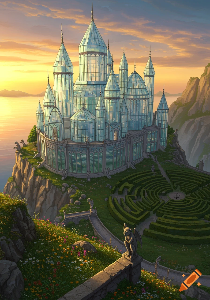 A magnificent glass castle with turrets on a cliff overlooking water at sunset, with a green hedge maze below.