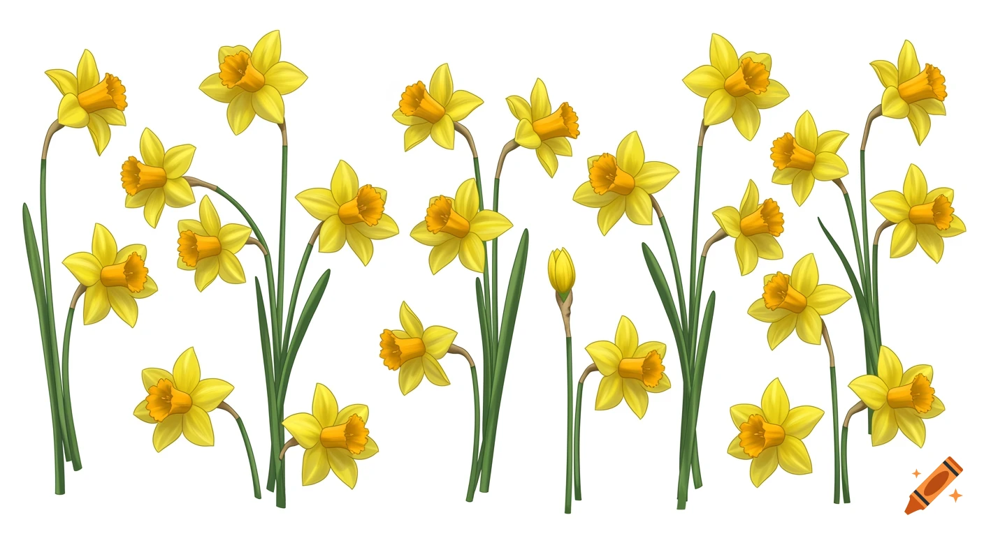 Yellow daffodils with green stems on a white background, in an illustrative style.