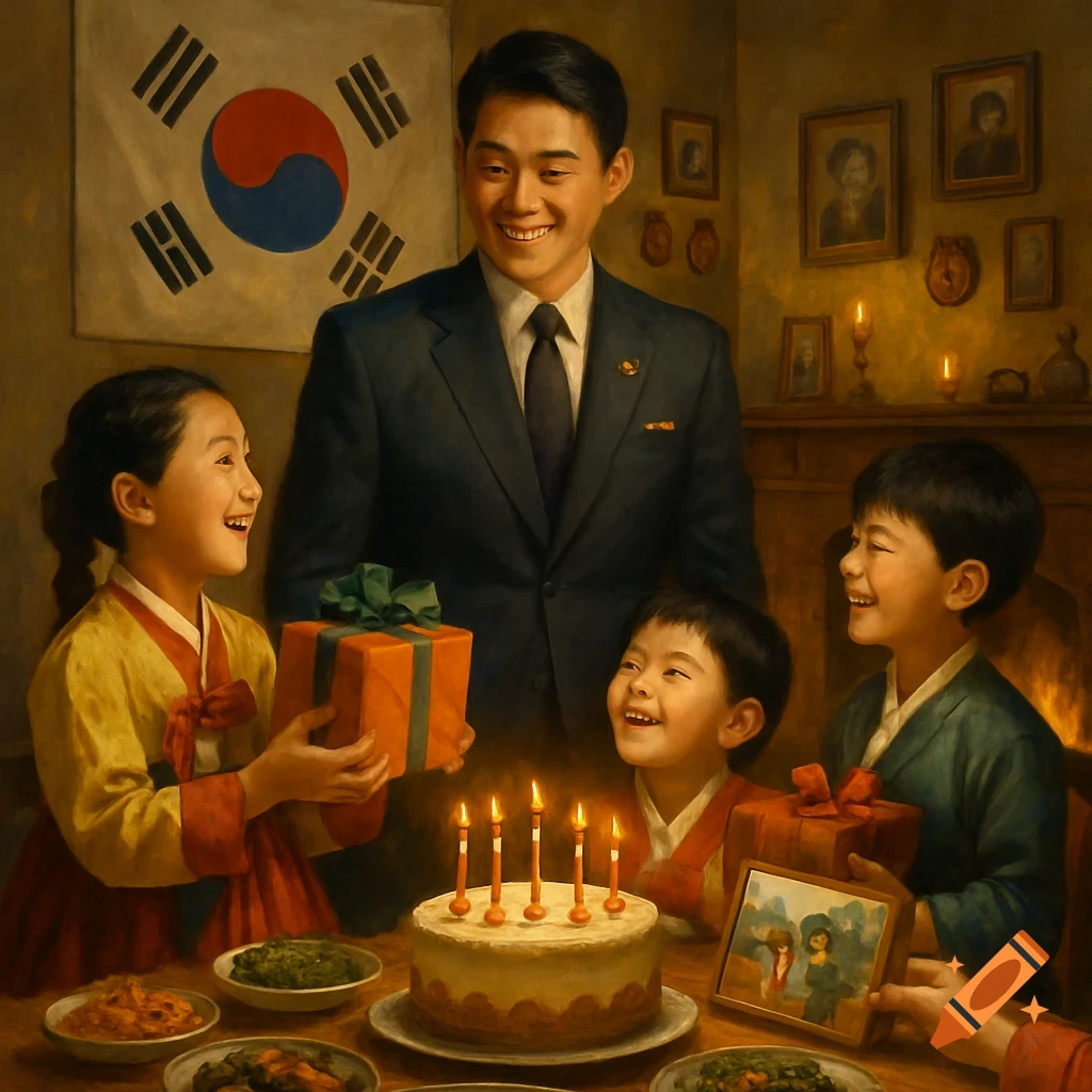 A smiling Korean family, including a father and three children, celebrates a birthday around a cake with candles and gifts. A South Korean flag hangs in the background.