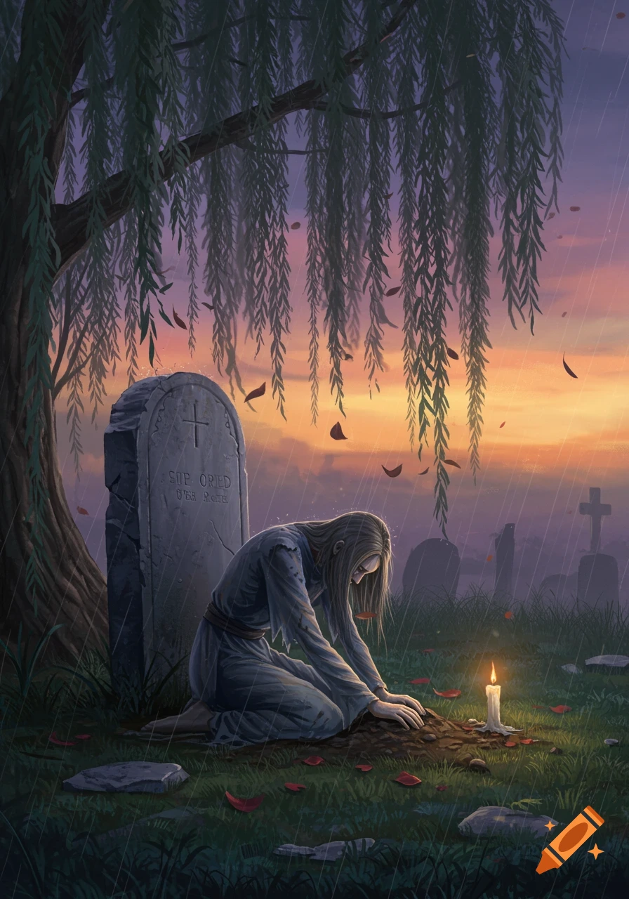 A sorrowful figure kneels by a candle-lit grave under a weeping willow in a rainy cemetery at sunset, stylized art.