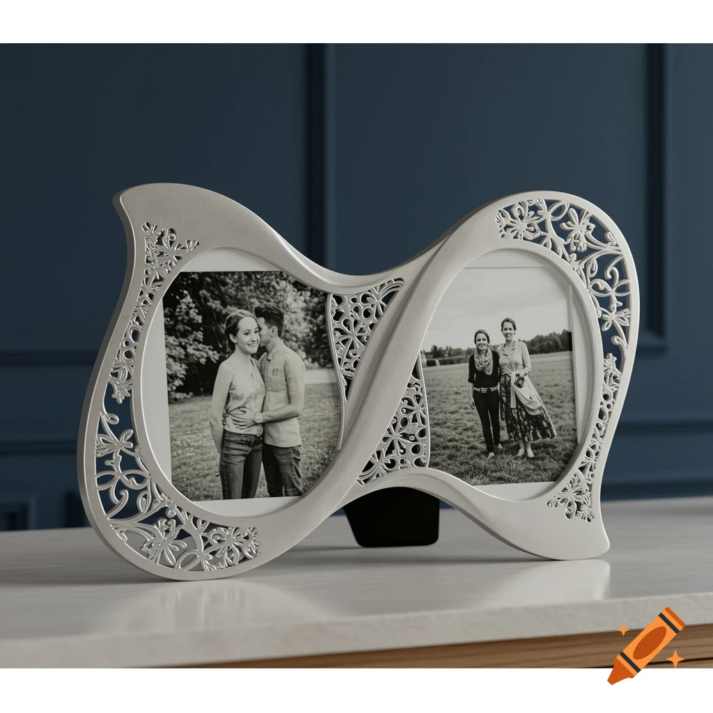 A silver, decorative double picture frame with intricate floral cutouts, displaying two black and white photos of people, on a light-colored surface.