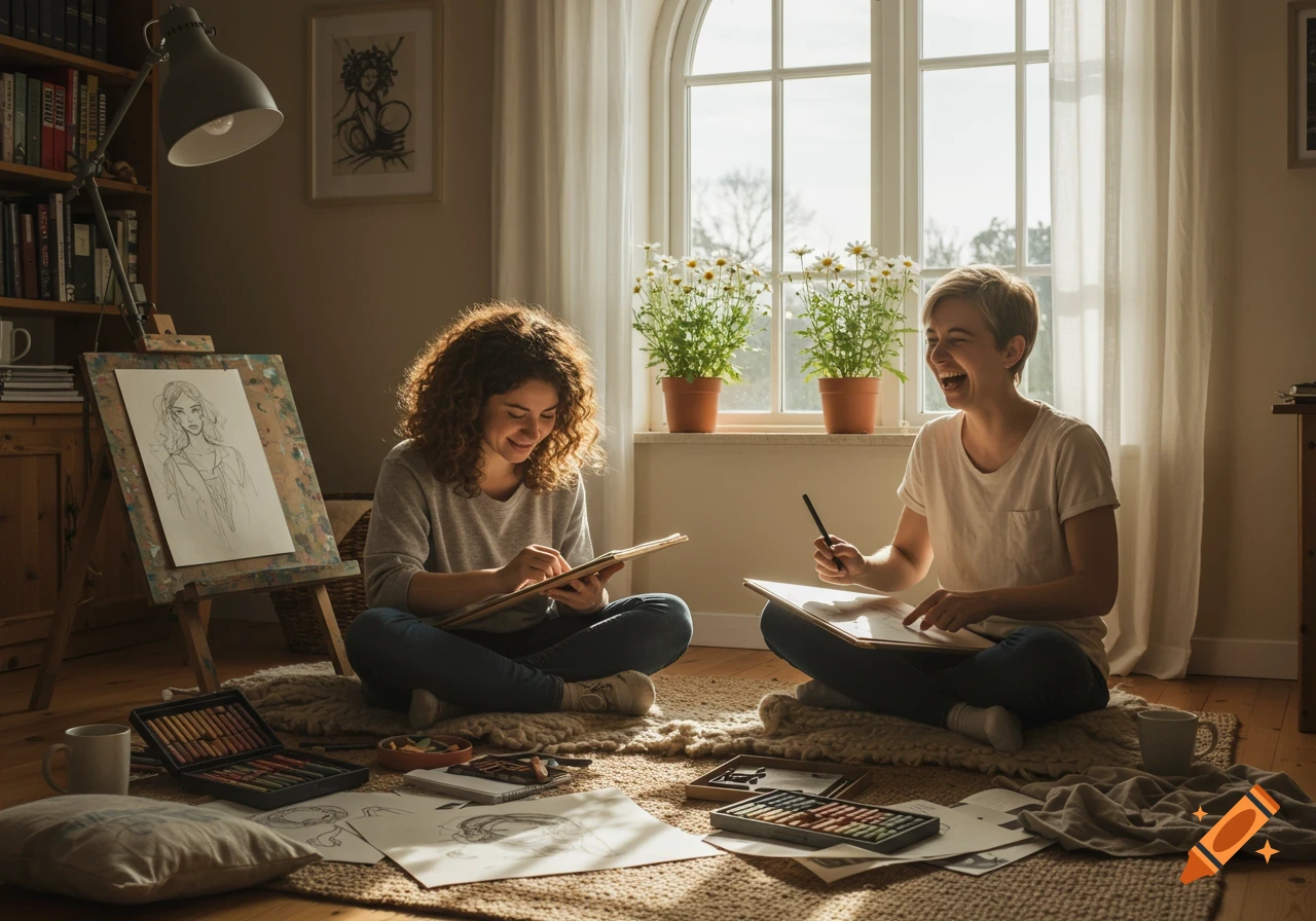 Two best friends drawing on the floor in a sunlit room, surrounded by art supplies.