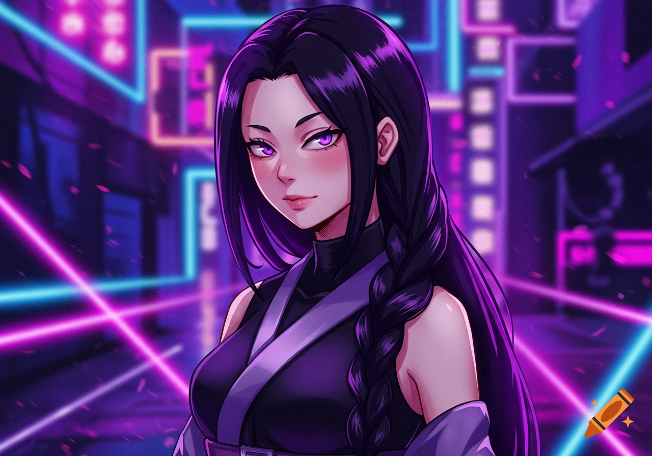 An anime woman with long dark hair, purple streaks, and purple eyes stands in a neon-lit cyberpunk city.