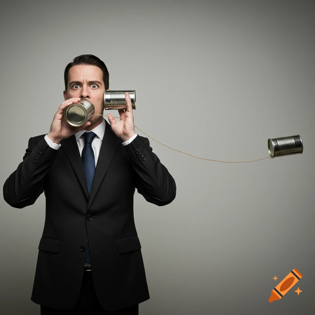 A man in a business suit holds tin cans to his mouth and ear, connected by a string, with a serious expression.