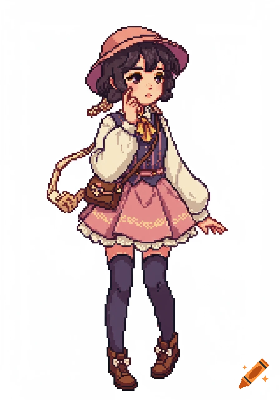 A pixel art illustration of a girl with dark hair, a hat, a pink skirt, and a satchel, standing on a white background.