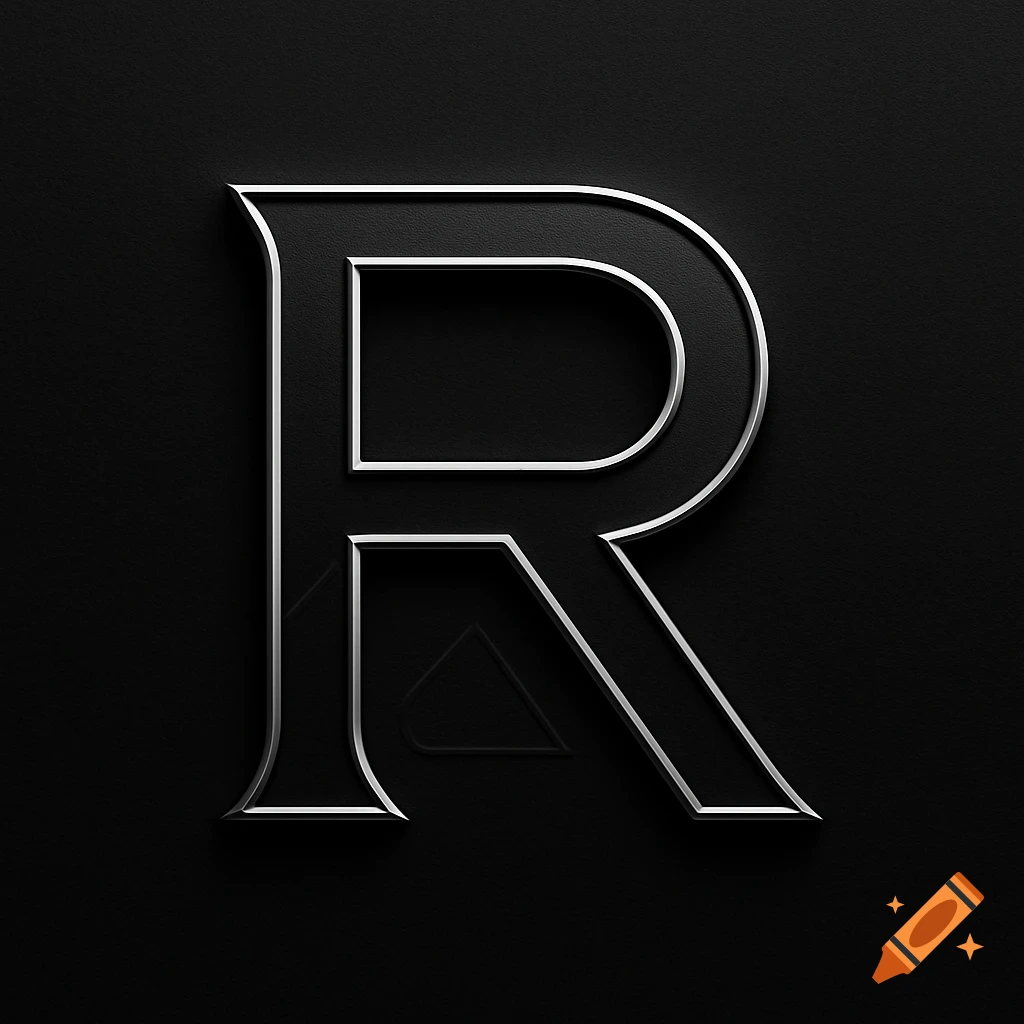 A stylized silver capital letter R on a dark, textured background, designed as a logo.