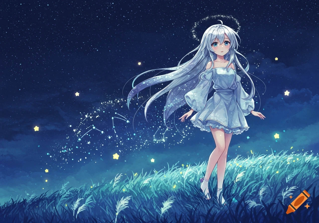 Anime girl with white hair and blue dress stands in a grassy field under a starry night sky with constellations.