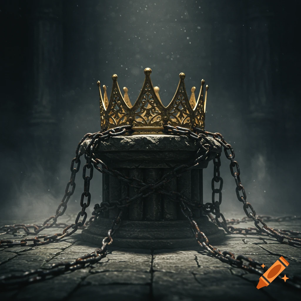 A golden crown sits on a stone pedestal, wrapped in heavy chains, in a dark, atmospheric chamber with dust motes illuminated by light rays.