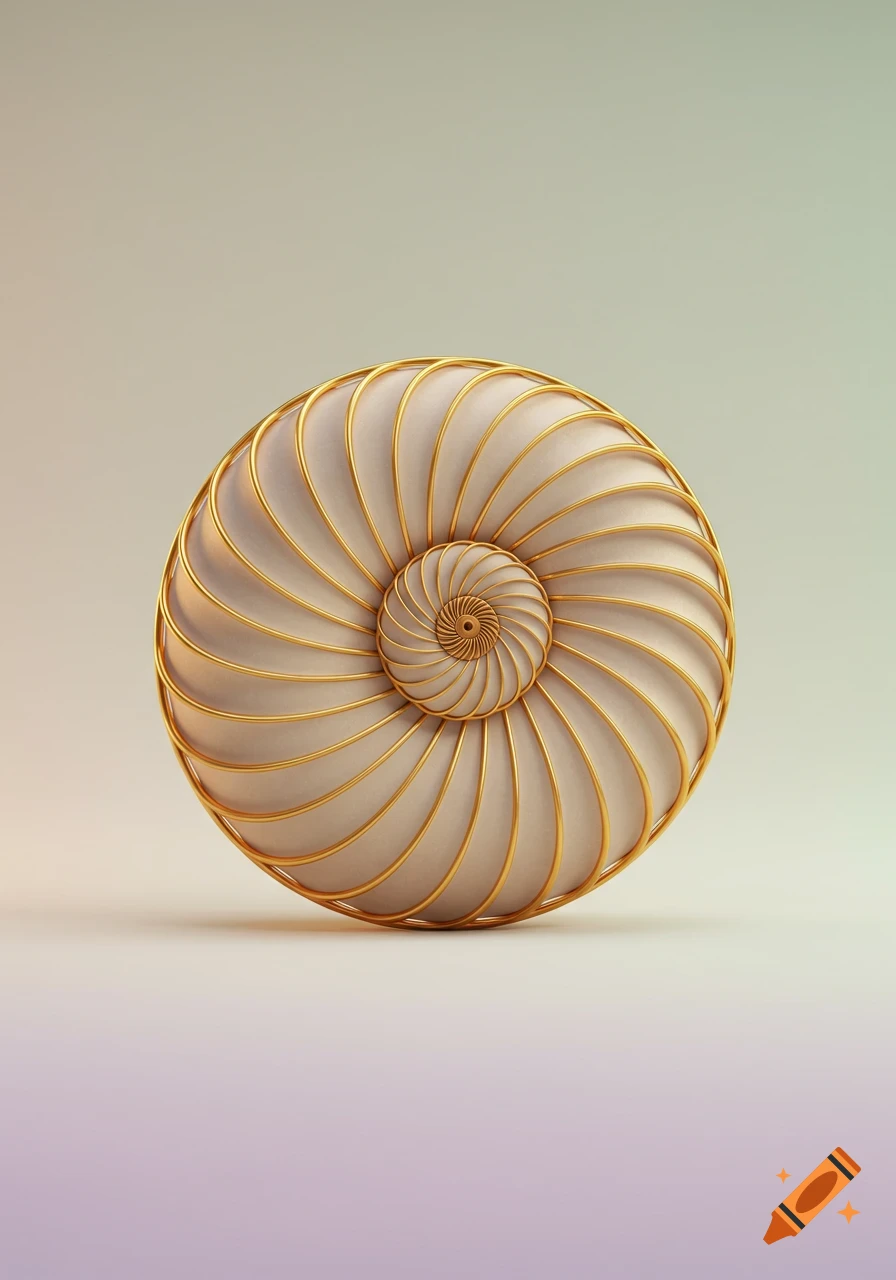 A stylized cream and gold spiral object resembling a nautilus shell, centered on a soft gradient background.