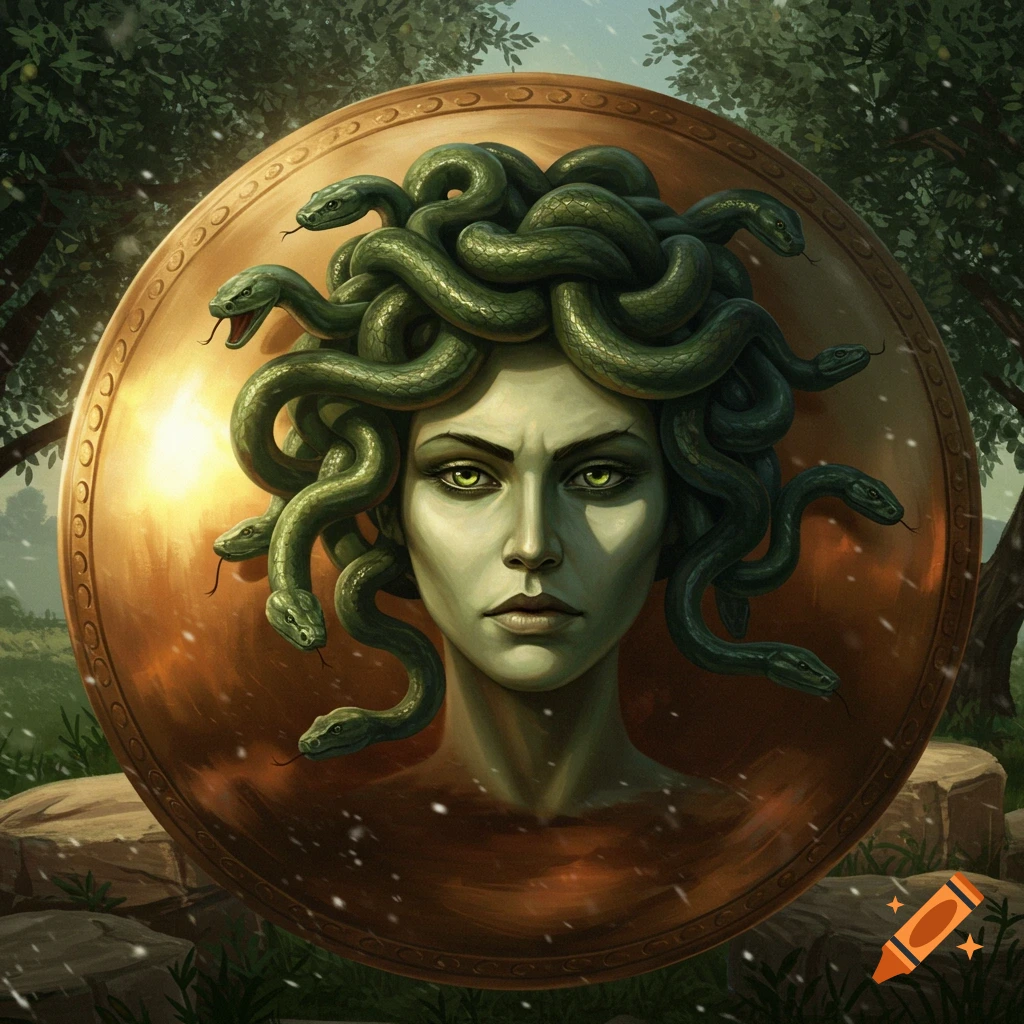 Illustration of Medusa's head with snakes for hair on a golden shield, set in a forest.