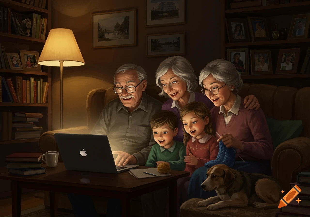A multi-generational family and their dog are gathered around a glowing laptop in a warmly lit room.