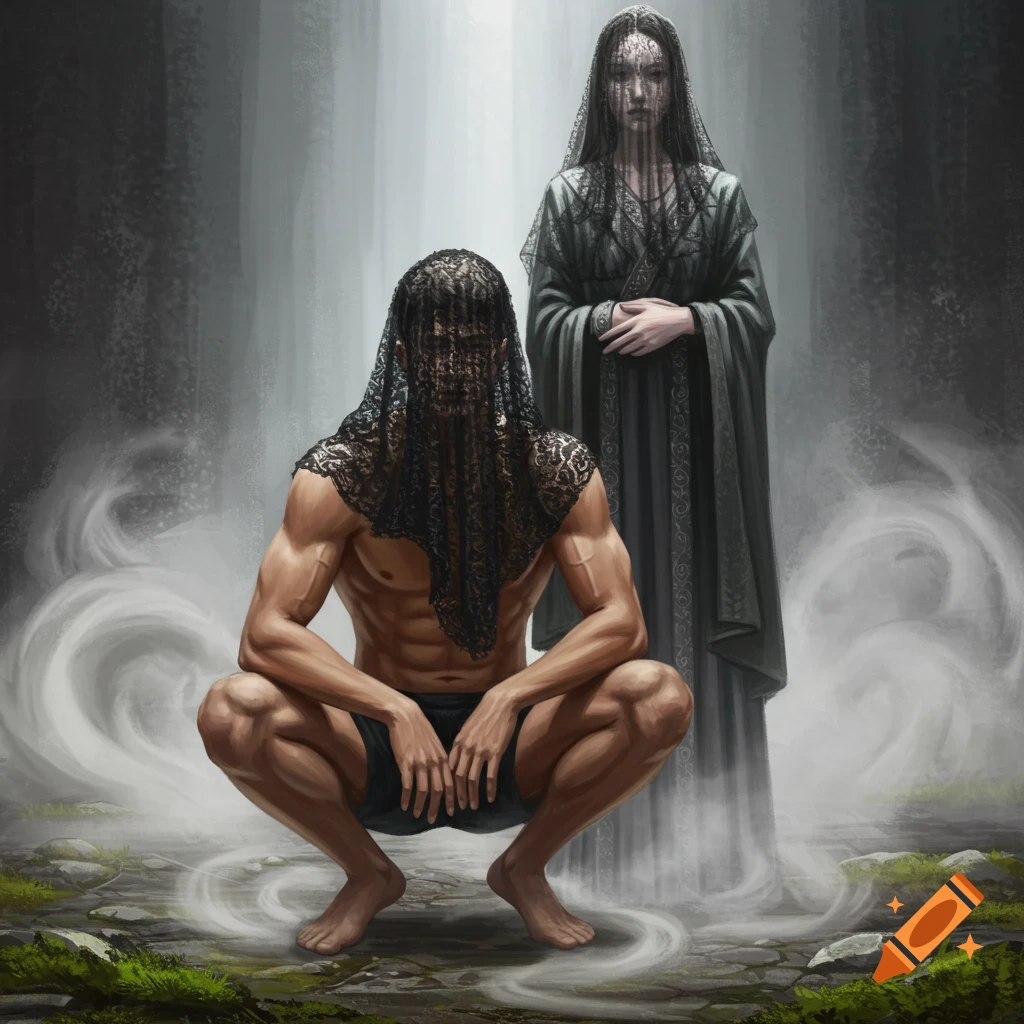 A muscled man in a black lace veil squats while a veiled woman stands behind him in a misty, ethereal digital painting.