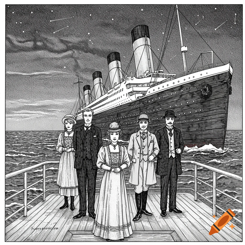 Black and white line drawing of five people in Edwardian attire standing on the deck of the Titanic at night under a starry sky.