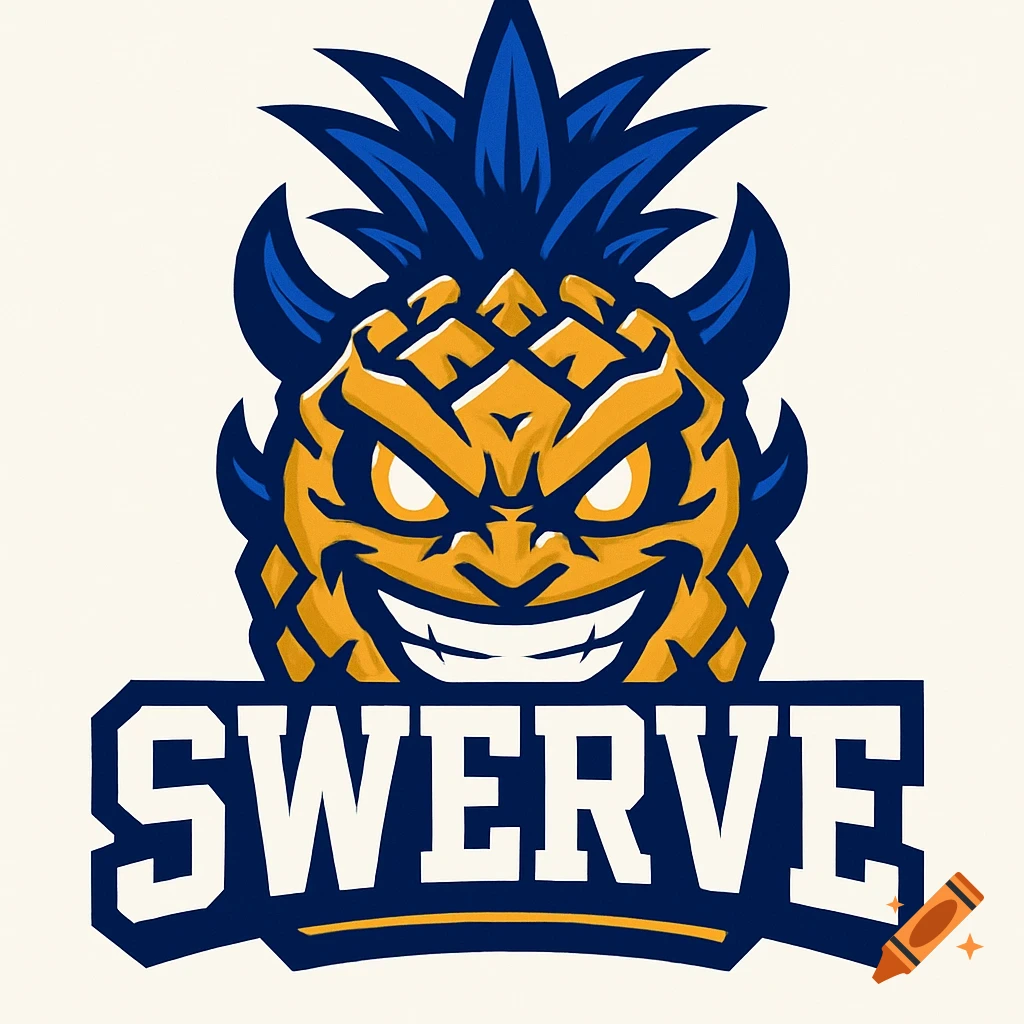 A fierce, stylized pineapple mascot logo with blue spiky leaves and horns, glowing eyes, and a wide grin, with the word SWERVE below it.