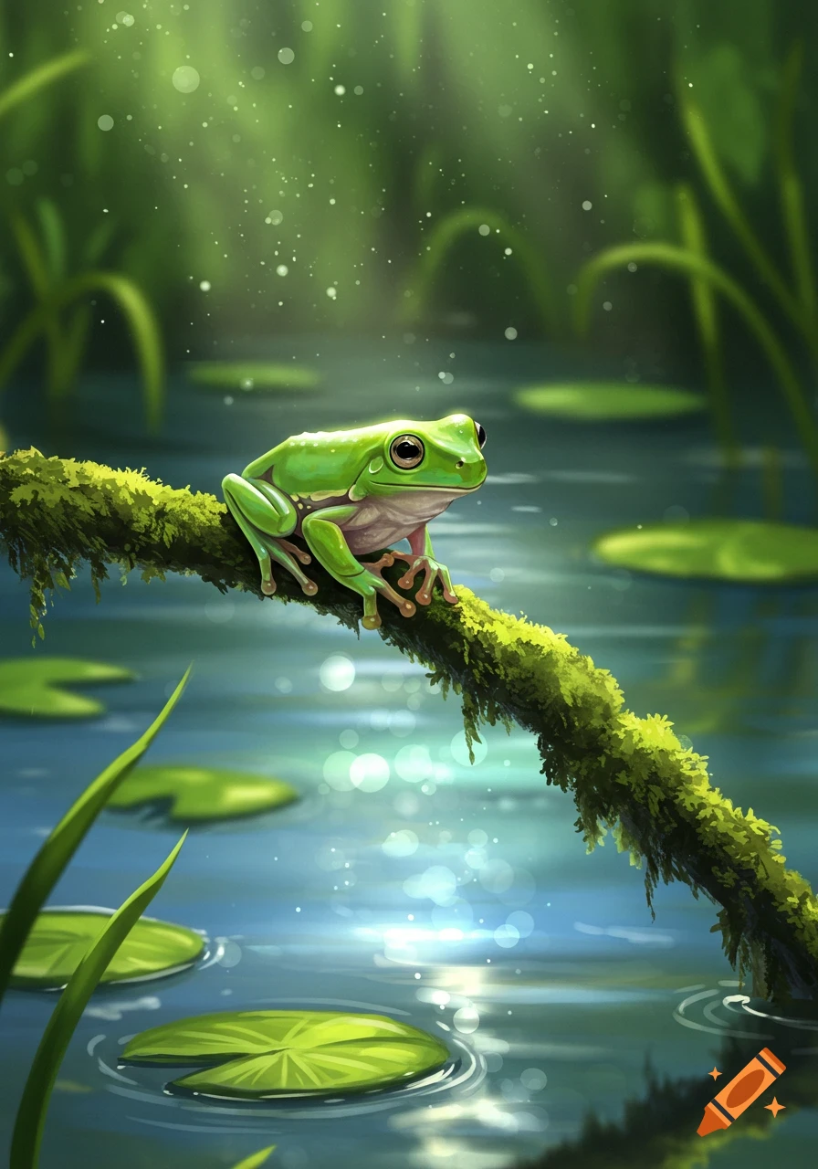 Vibrant green frog on a mossy branch over sun-dappled water with lily pads, digital illustration.