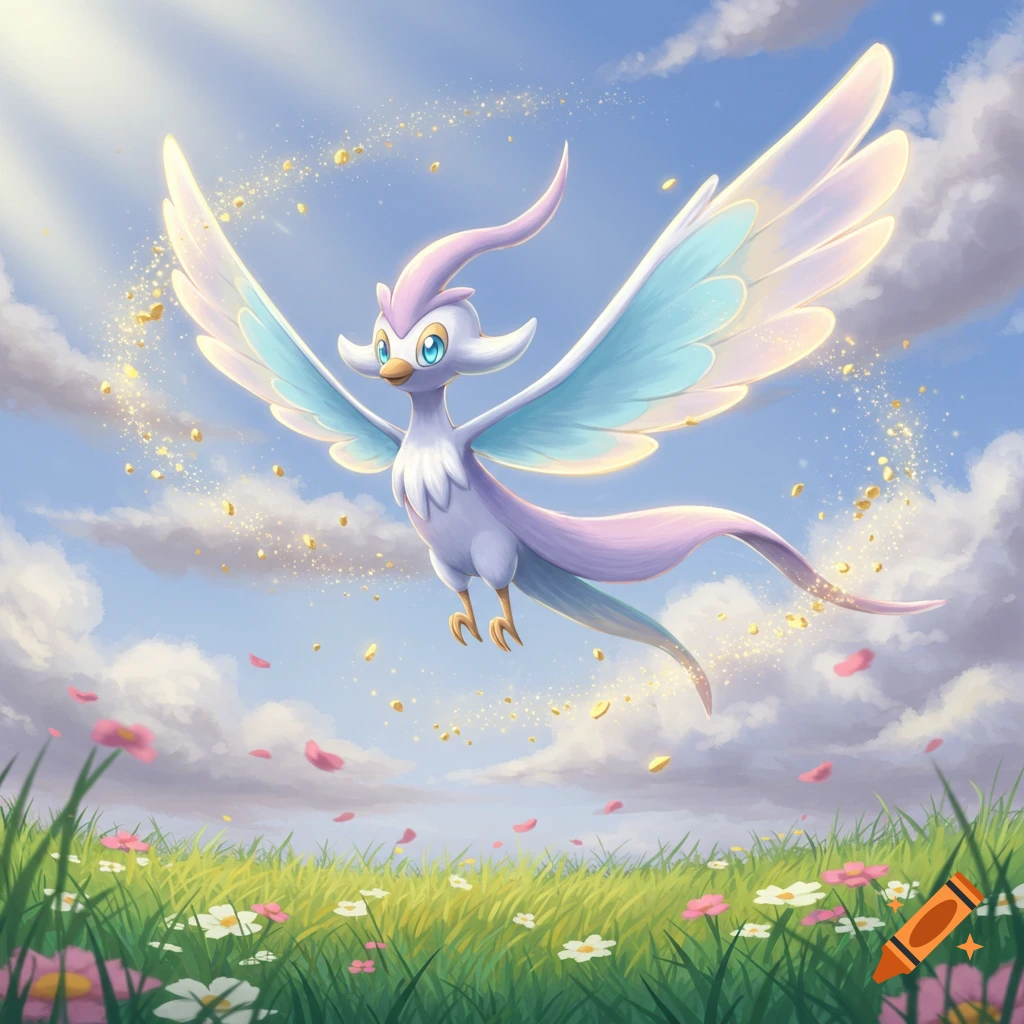 A whimsical, light purple bird-like Pok 00e9mon with blue and white wings flies over a vibrant green field of flowers under a bright blue sky, with golden sparkles.