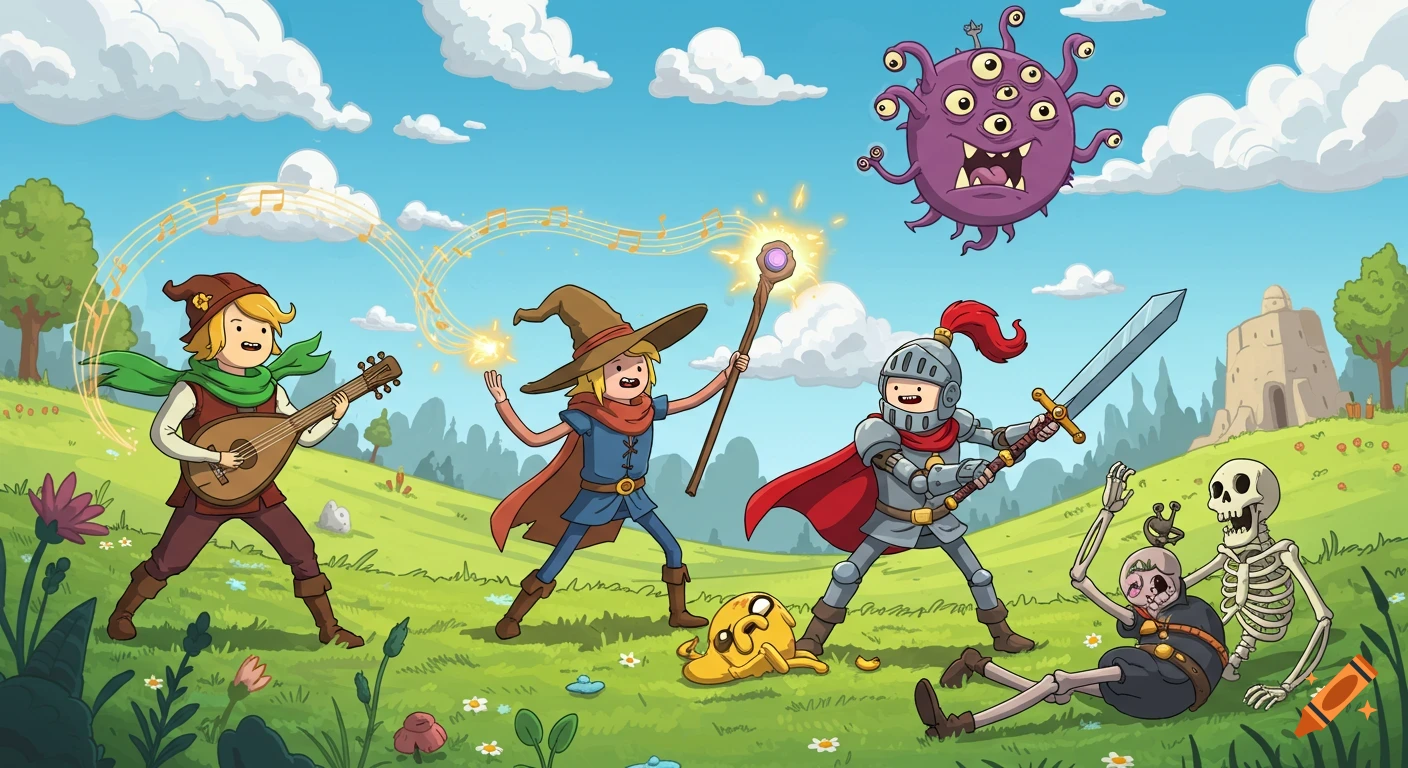 A colorful Adventure Time style illustration of a bard, wizard, and knight fighting skeletons and a purple Beholder in a grassy field under a blue sky.