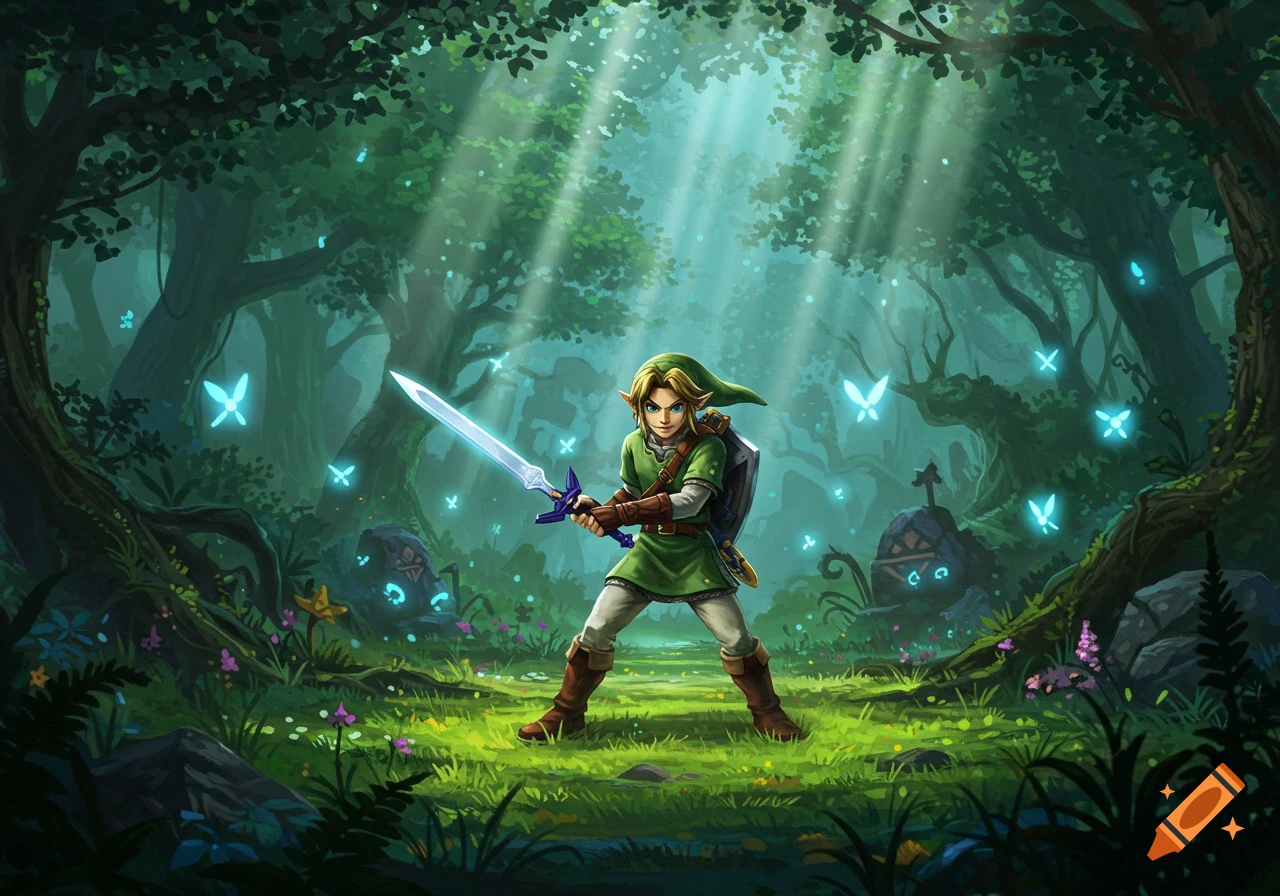 Link stands heroically with a glowing sword in a sunlit magical forest with blue glowing butterflies.
