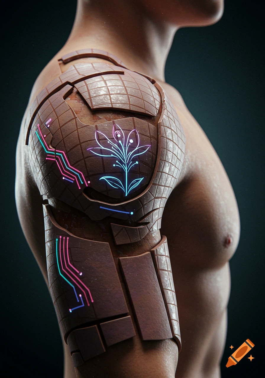 Close-up of a person's shoulder and arm covered in textured, brown armored panels with glowing blue and pink circuit-like patterns and a neon lily flower emblem.