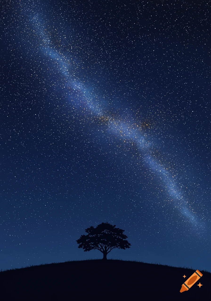 A silhouetted tree stands on a hill under a vibrant starry night sky with the Milky Way visible.
