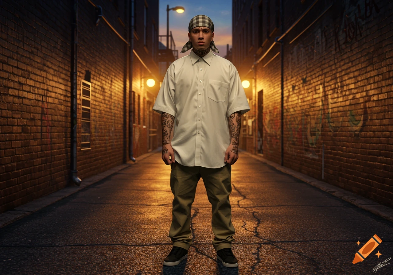 A man in a white shirt, khakis, and a bandana stands in a dimly lit brick alleyway with graffiti.