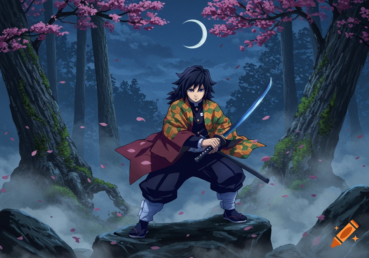 Giyu Tomioka, an anime character, stands in a dark forest under a crescent moon with cherry blossoms, holding a katana.