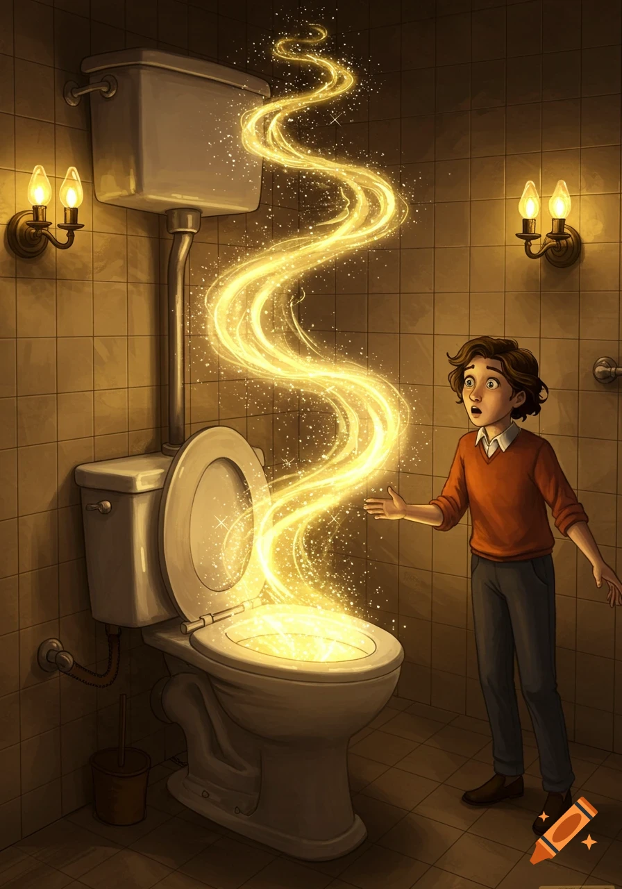 A boy looking surprised at a toilet glowing with a golden, swirling magical light in a tiled bathroom.