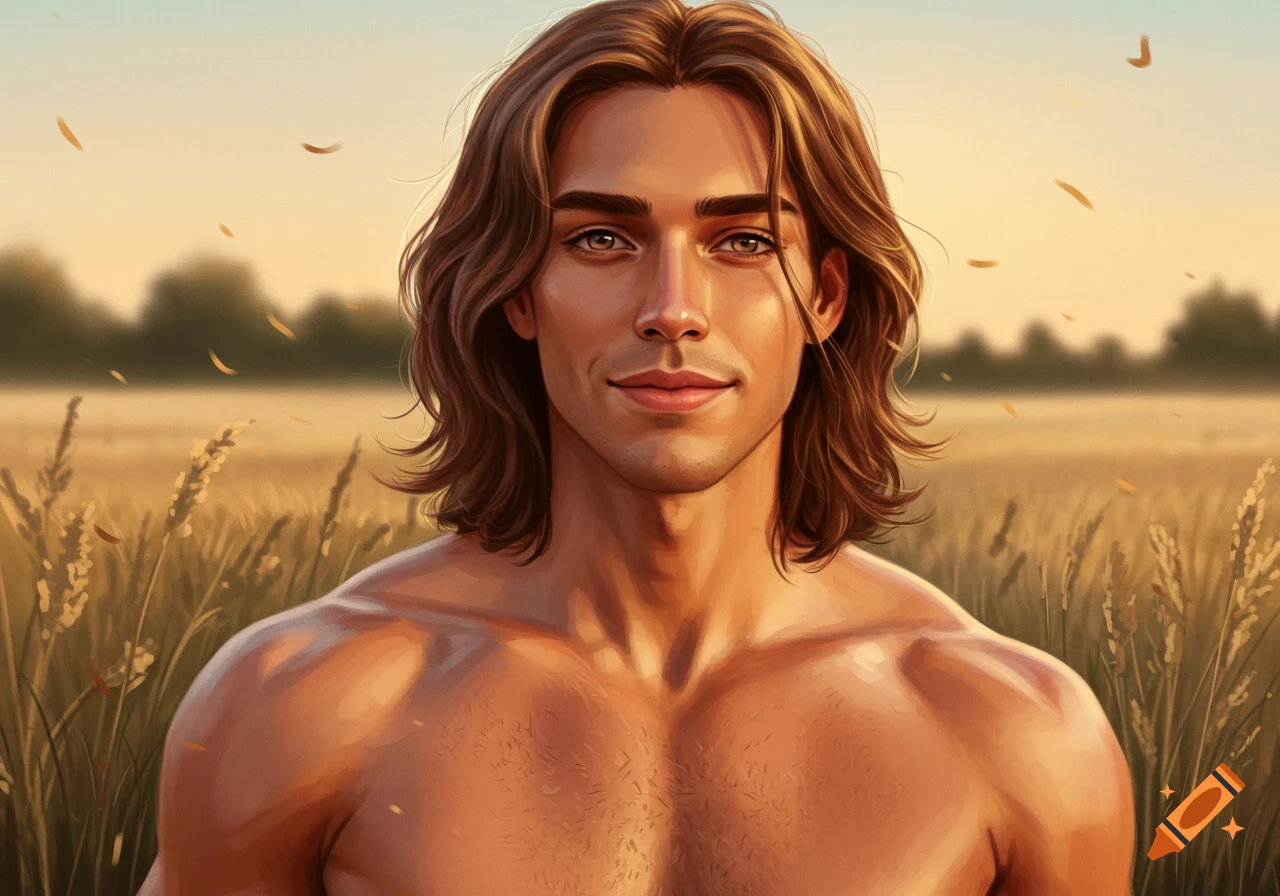 A muscular young man with long brown hair smiles, standing shirtless in a golden wheat field at sunset, digital art.