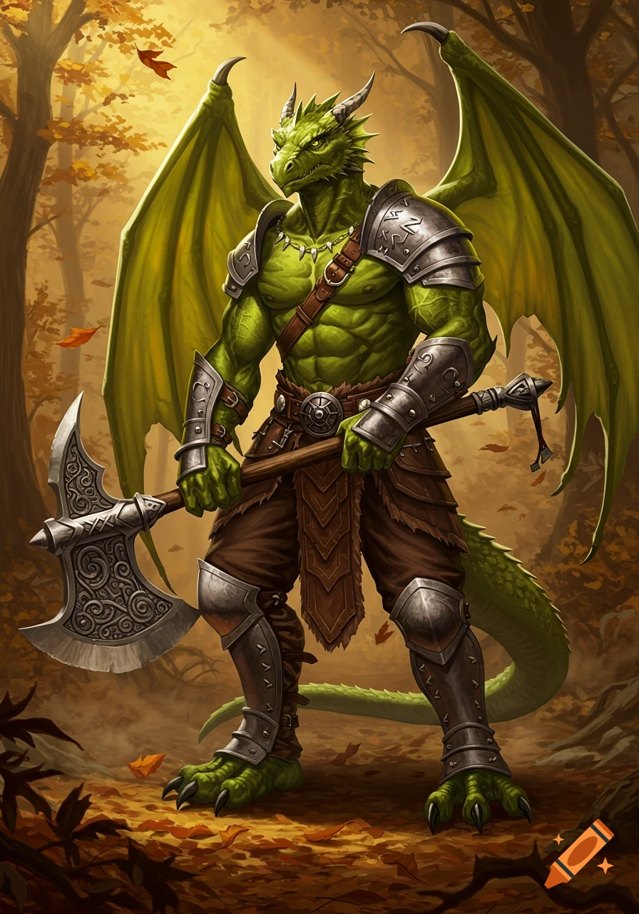 A muscular green dragonborn warrior in armor holds a double-sided axe in an autumn forest, fantasy art style.