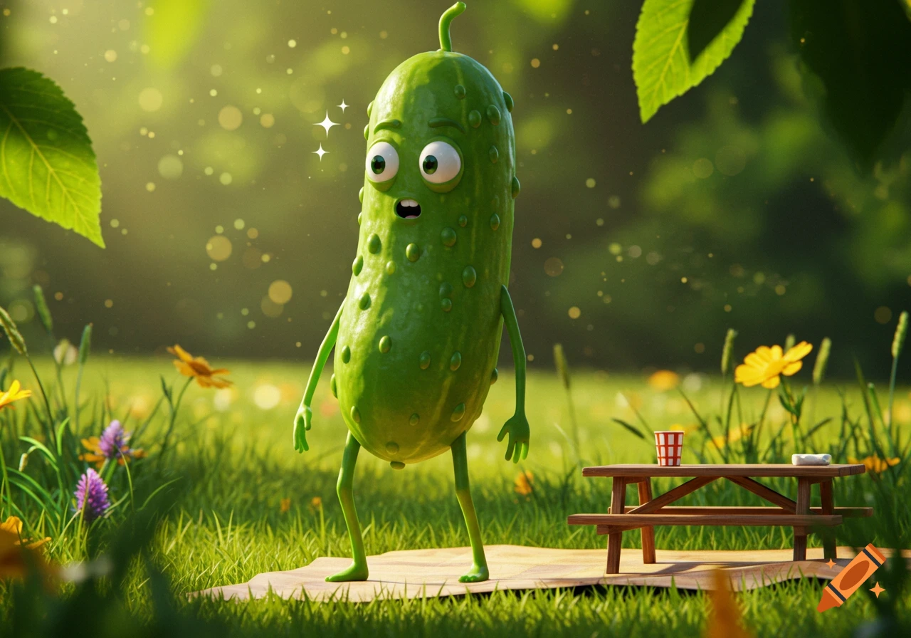 A cartoon pickle character with wide eyes and an open mouth stands in a sunny green field with a small picnic table.