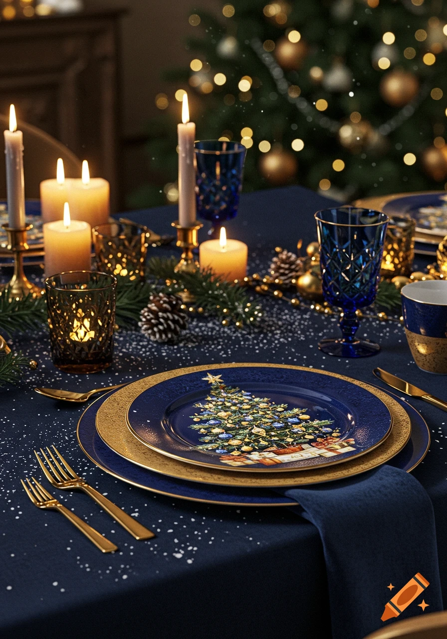 A festive Christmas table setting with blue and gold plates, candles, pinecones, and a decorated Christmas tree on a dark blue tablecloth.