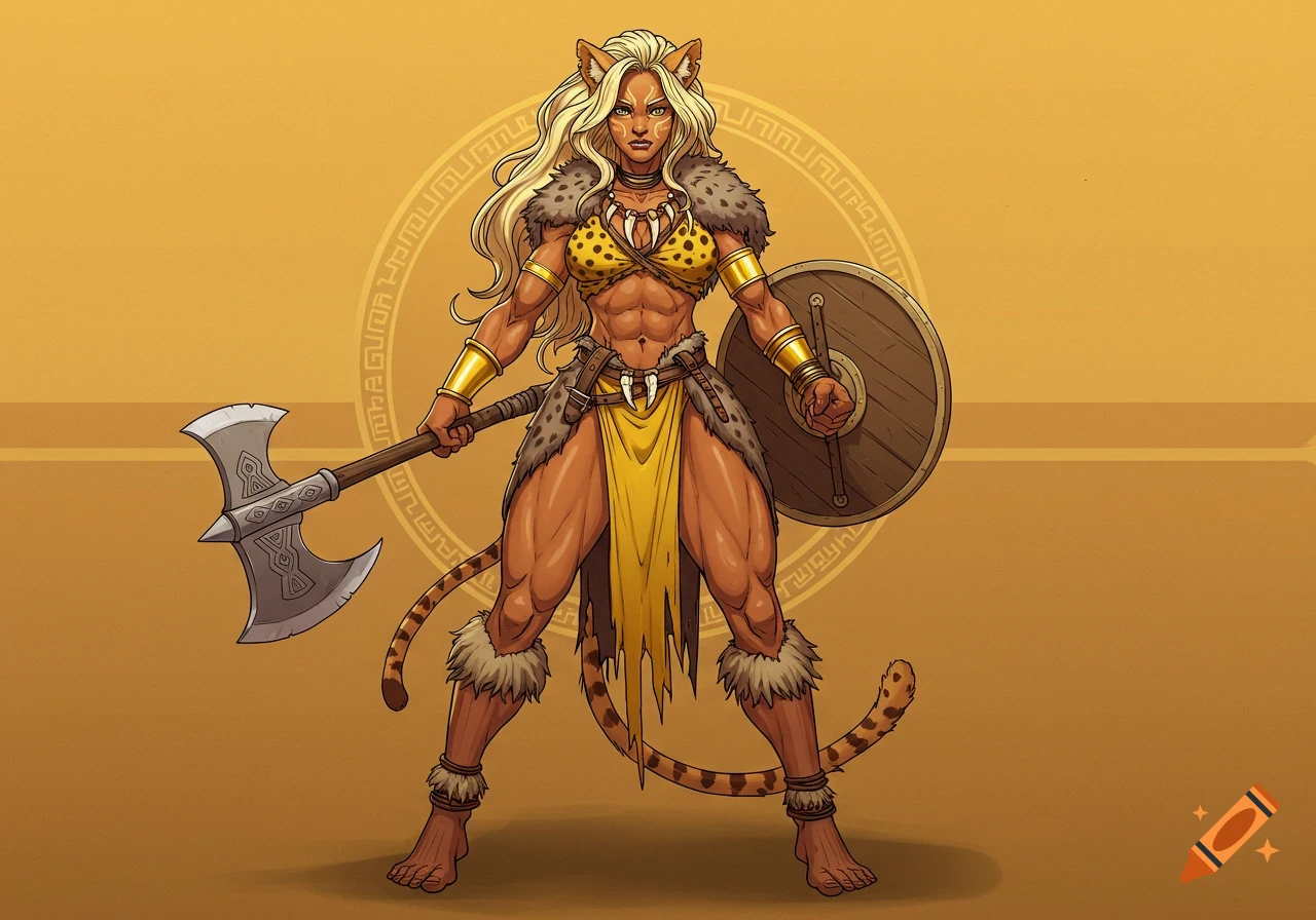 A muscular cheetah-like warrior woman with blonde hair, tribal clothing, holding a battle-axe and shield against a gold background.