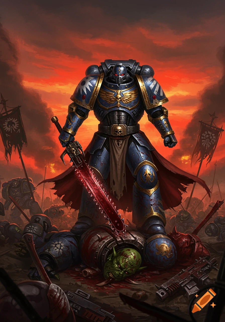A Warhammer 40k Space Marine champion stands victorious over a slain Ork Warboss on a battlefield at sunset.