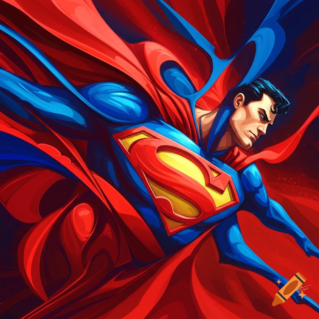 Dynamic abstract illustration of Superman flying with a flowing red cape, in bold red, blue, and yellow colors.
