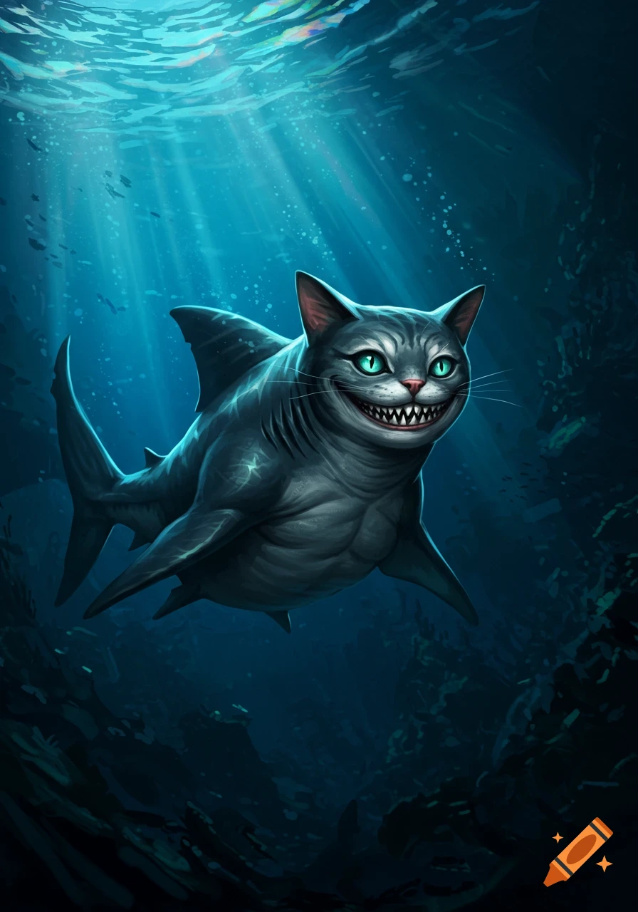 A smiling, gray Cheshire Cat-like shark swims underwater, with light rays piercing the blue water above.