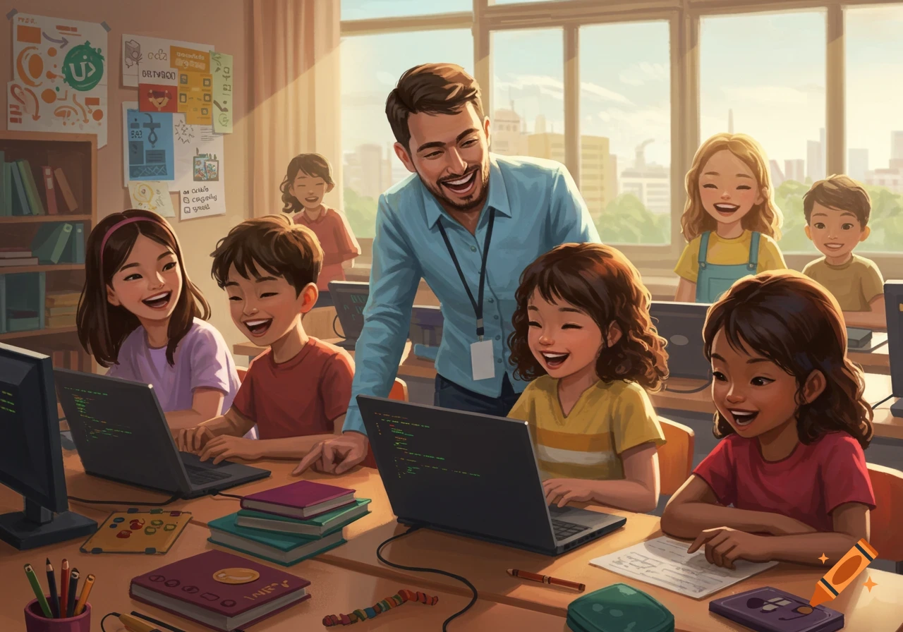 A diverse group of smiling children and a male teacher in a brightly lit classroom, looking at laptops during a coding class.