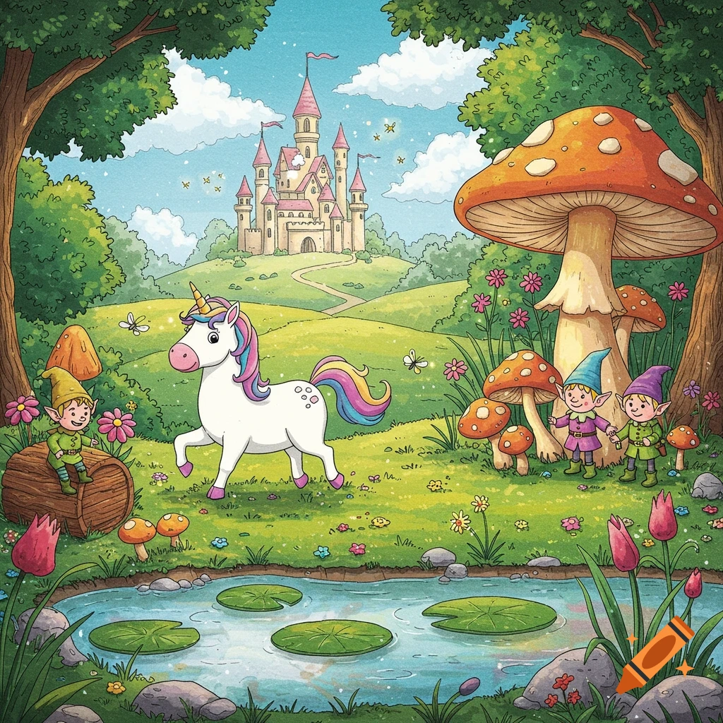 A whimsical cartoon illustration of a unicorn, elves, mushrooms, and a castle in a colorful fantasy forest with a pond.