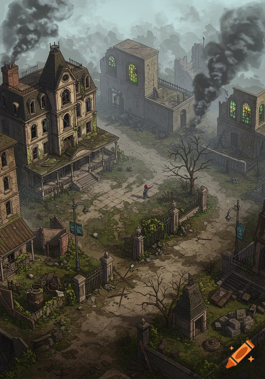 Isometric view of a desolate, overgrown, ruined Victorian-style city with smoke billowing from buildings and a lone figure.