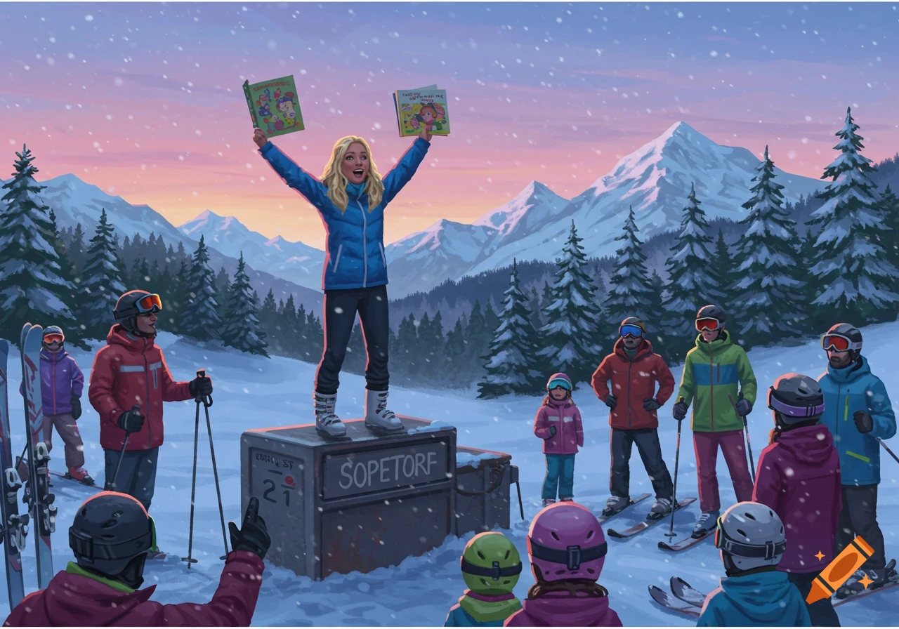 An illustration of a blonde woman giving a speech from a crate in a snowy mountain setting, holding two books, surrounded by skiers and children.