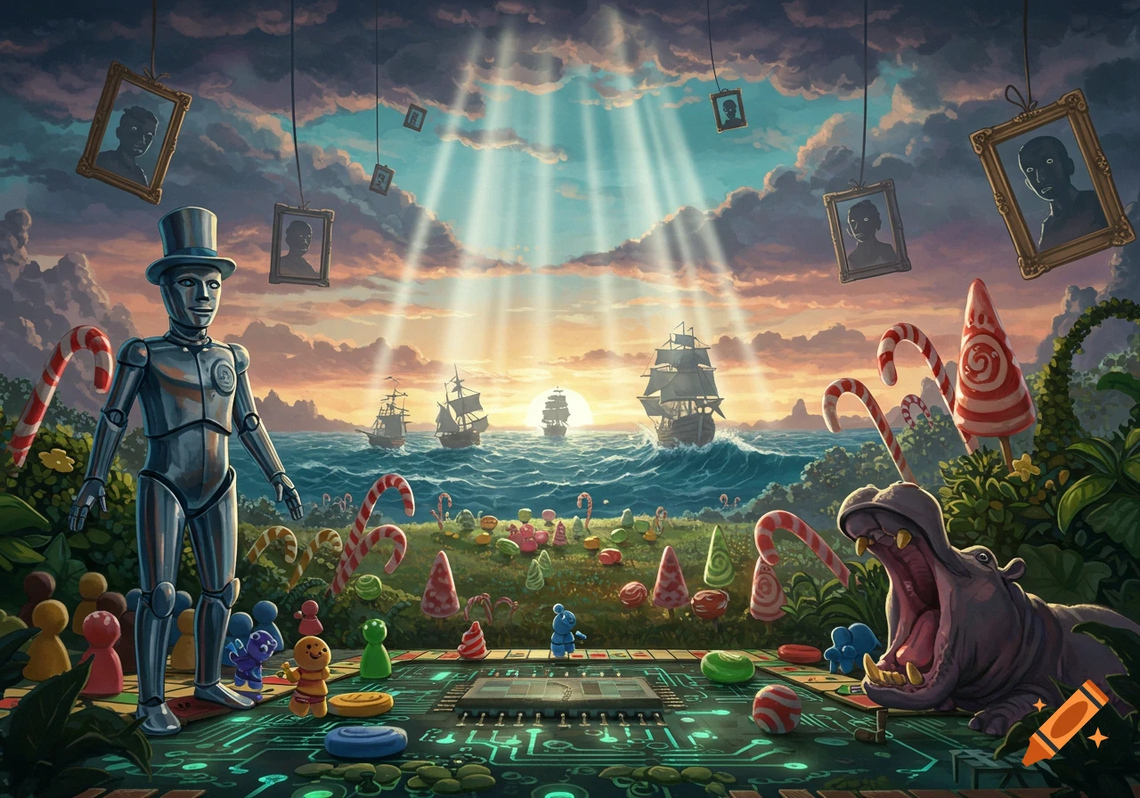 A robot in a top hat stands on a circuit board in a surreal candy land with game pieces, pirate ships, and hanging portraits under a sunset sky.
