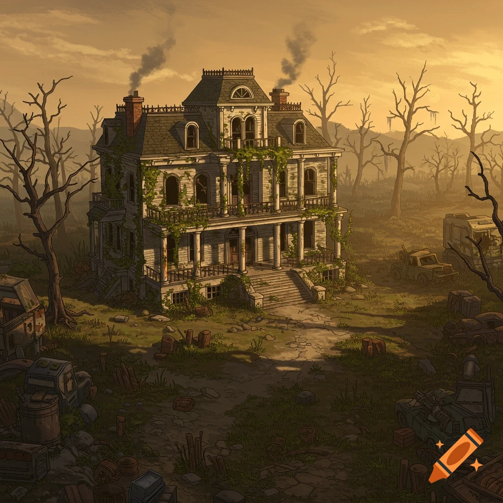 An abandoned, overgrown Victorian mansion stands in a desolate, post-apocalyptic wasteland at sunset, in a gritty, 90s pre-rendered CGI style.