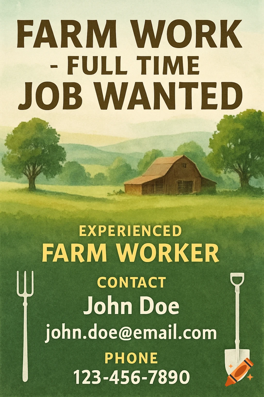 Vintage-style poster advertising farm work with a barn, fields, and text details for contact information.