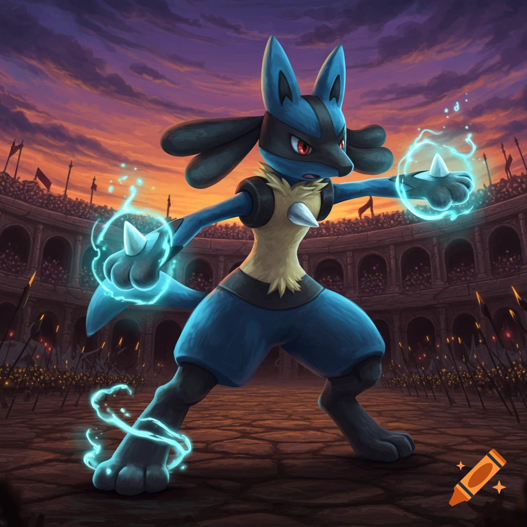 Lucario, a blue and black Pokémon, stands in a fighting pose in a packed arena at sunset, glowing with blue energy.
