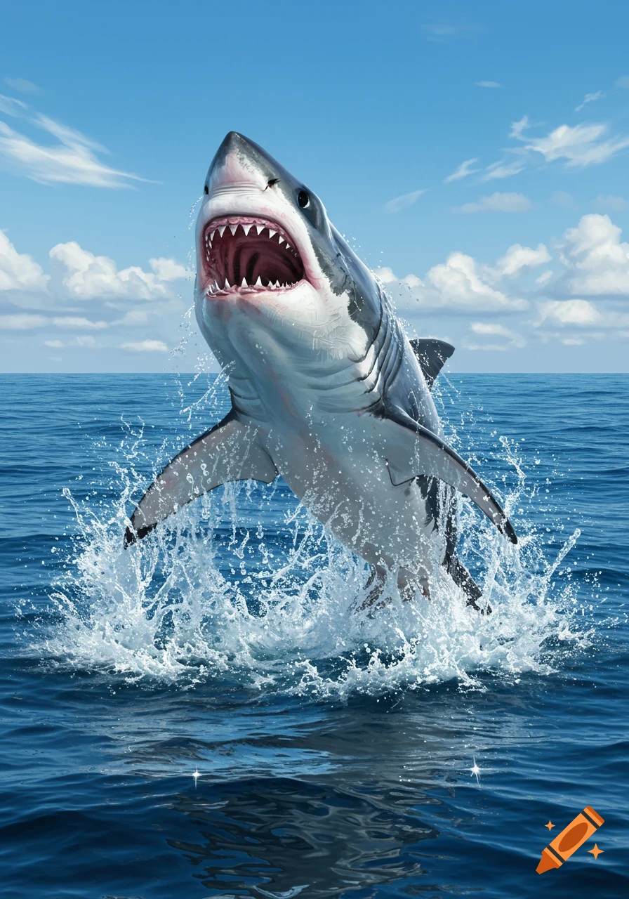 A great white shark is captured mid-air, mouth wide open, leaping out of a deep blue ocean with a large splash, under a clear sky.