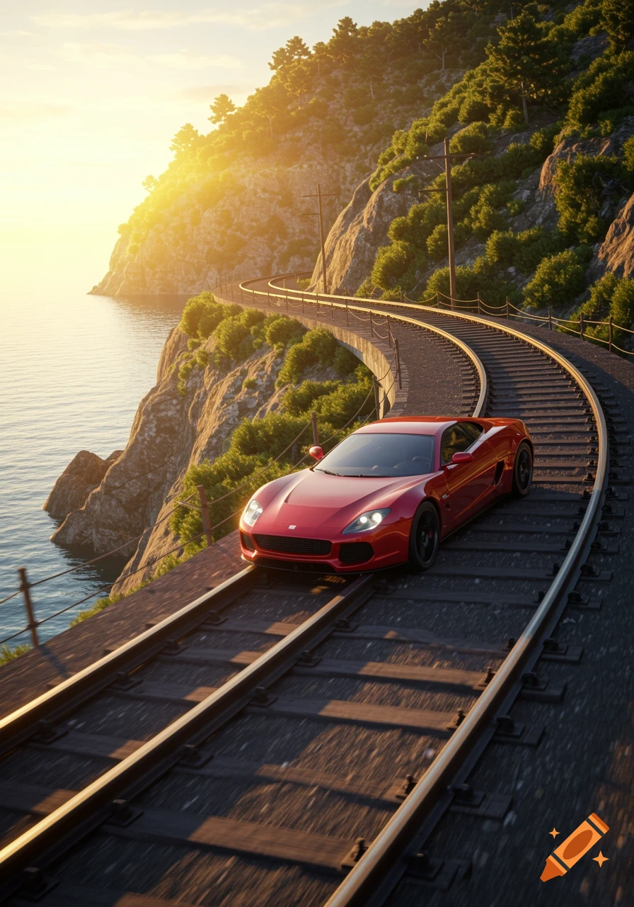 A red sports car drives on a curving train track along a sunny cliffside coast at sunset.