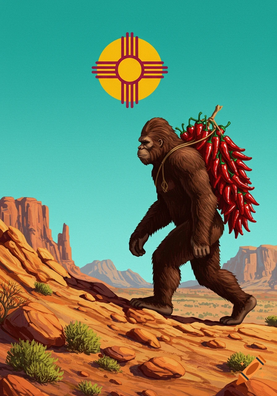 An illustration of Bigfoot hiking up a desert mountain, carrying a large red chile ristra on his back, with a yellow New Mexico Zia symbol in the teal sky.